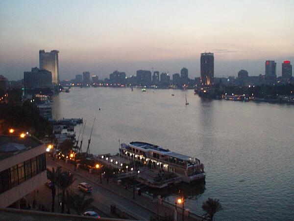 The Nile River in Cairo, Egypt, at dusk.