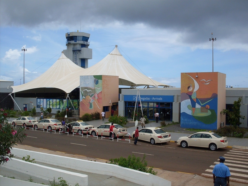 Taxis line the entrance to the arrival terminal at the Nelson Mandela International Airport (also known as Praia International Airport) on Sao Tiago Island in Cabo Verde. The airport opened in 2005.