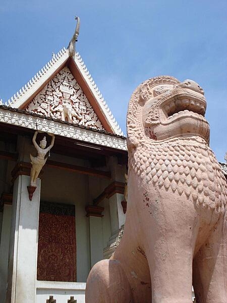 A lion-fronted temple at Wat Phnom, Cambodia.