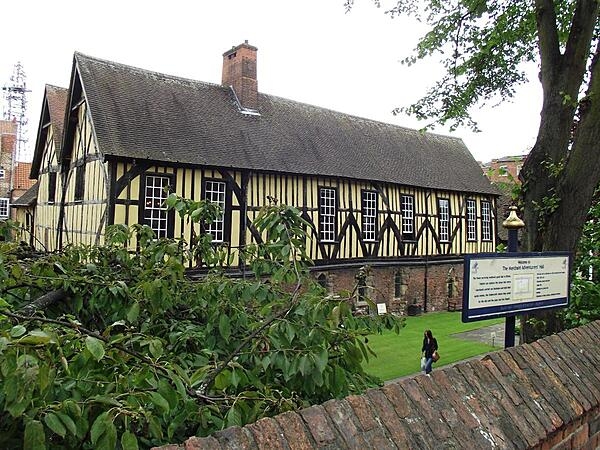 During medieval times, the Merchant Adventurers' Hall was one of the most important buildings in York, UK.  Built in 1357 as a gathering place for merchants to conduct business and socialize, the Hall is the largest timber-framed building in the UK still standing and used for its original purpose. In that time period a Merchant Adventurer was someone who risked or “adventured” his or her own money in overseas trade bringing back goods and wealth to York. In 1371 the members established an almshouse and chapel in the undercroft of the building for the sick and poor which operated until 1900. Today the Hall belongs to and is still used by The Company of Merchant Adventurers of the City of York who, though no longer are involved in mercantile business, still carry on the charitable work of the original group.