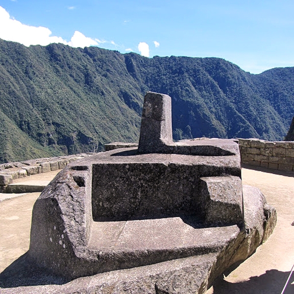 The Intiwatana at Machu Picchu is a notable ritual stone that has been described as an astronomic clock, a type of sundial, or a calendar of the Inca. The Inca believed the stone held the sun in its place along its annual path in the sky. The stone aligns with the sun's position during the winter solstice (June 21), casting its longest shadow on its southern side. At midday on the equinoxes the sun stands almost above the pillar, casting no shadow at all.

In Quechua, "inti" is the name of "the sun" and "wata-" is a verb root meaning "to tie or hitch (up)." The "-na" suffix indicates a tool or place. Hence inti-wata-na is literally an instrument or place to "tie up the sun," often colorfully conveyed as "The Hitching Post of the Sun."