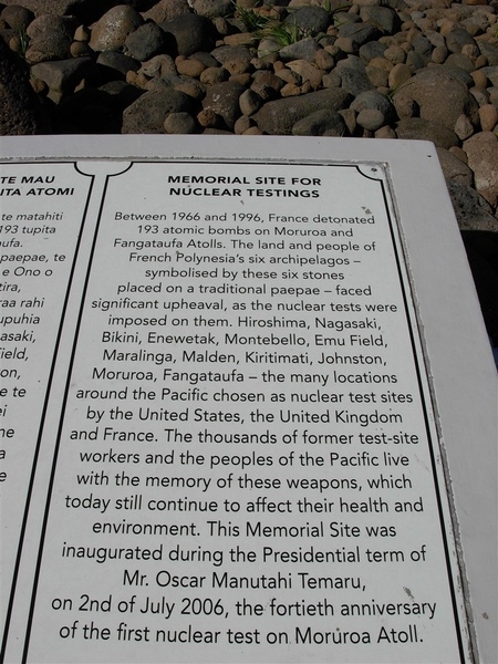 Commemorative inscription at the atomic weapons testing memorial in Papeete, Tahiti, French Polynesia. Photo courtesy of NOAA / Lt. Cmdr. Matthew Wingate.