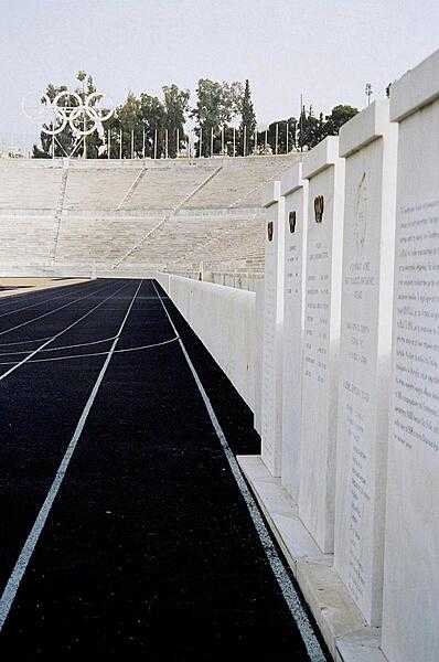 Panathinaiko Stadium in Athens, Greece, was the site of the 1896 Olympic Games. The tablets on the right list the Olympic winners.