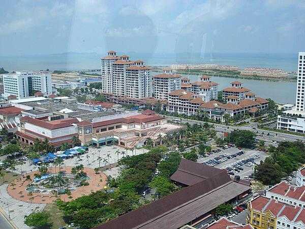 A modern part of Malacca Town, Malaysia, as seen from the tourist observation tower looking towards the Straits.