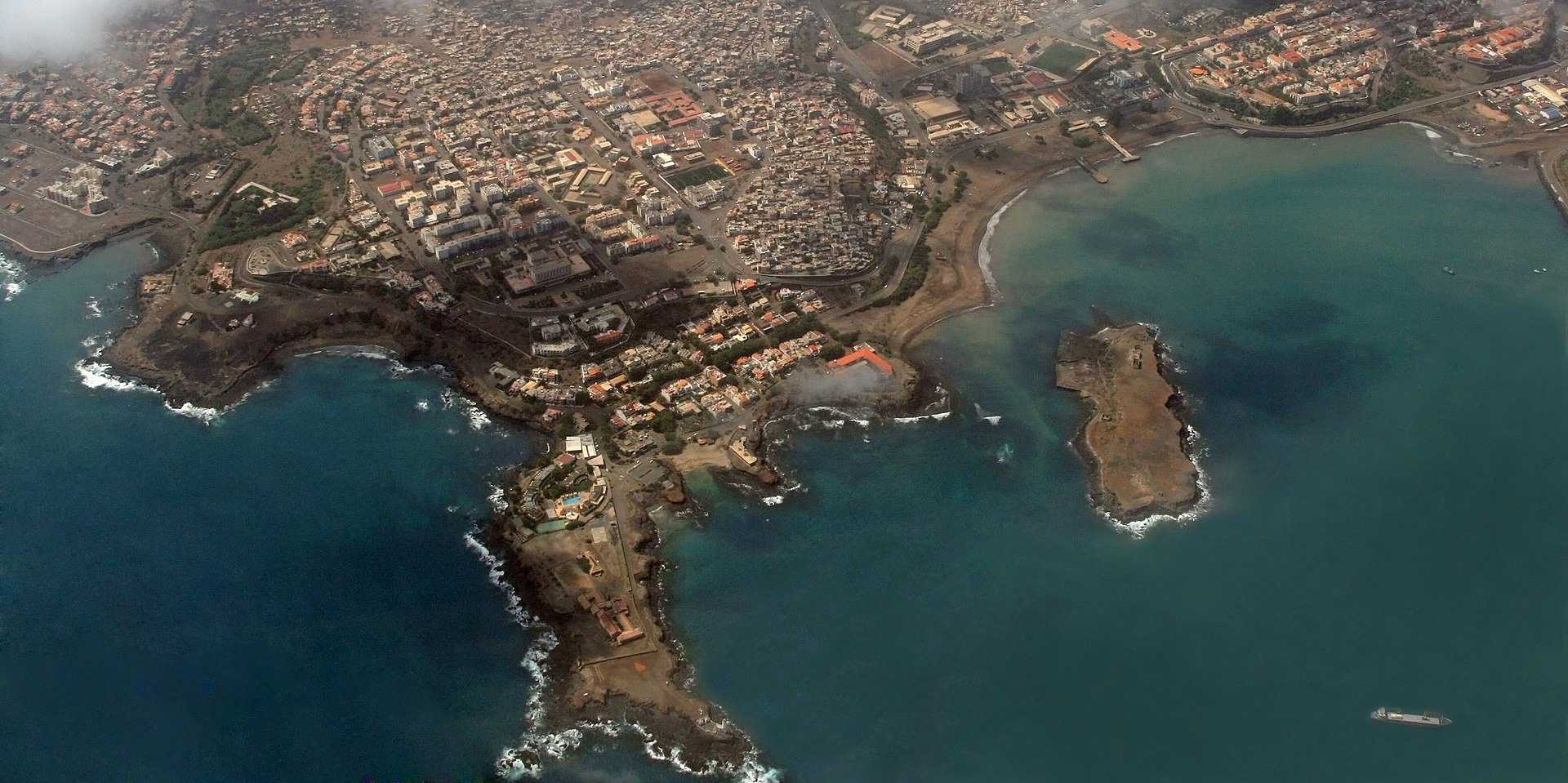 A view of Praia, the capital of Cabo Verde, from the air. The city is located on the southern coast of Sao Tiago Island, the largest of the Cabo Verde islands and the most important agricultural center, and it is home to more than half the nation's population.