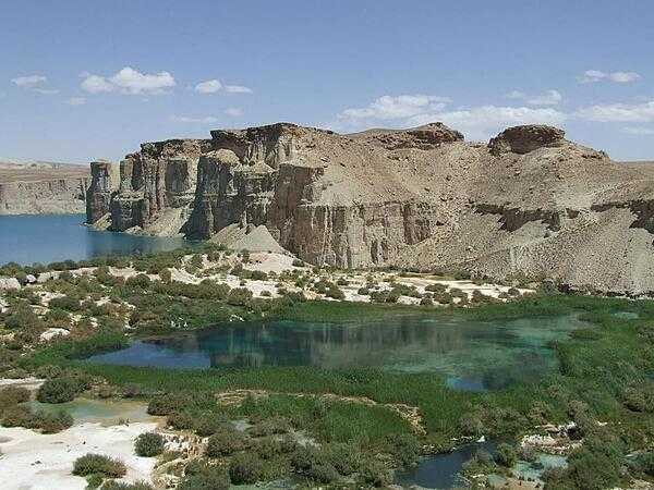 Band-e-Amir in Bamyan Province is Afghanistan's first national park. It consists of six turquoise-colored lakes separated by natural dams of travertine.