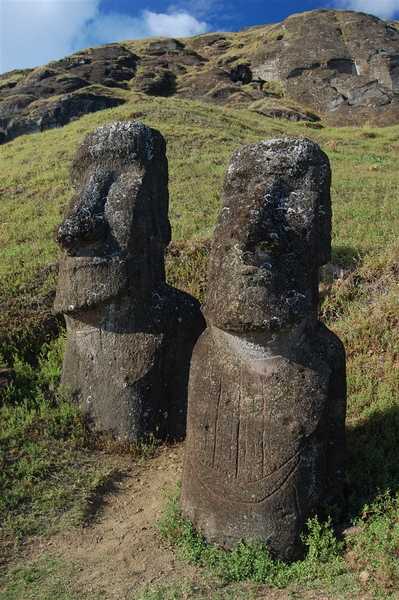 Two moai at the Rano Raraku quarry on Easter Island (Rapa Nui). Note the ritualized scarring or “tattooing” on the right statue. Image courtesy NOAA / Elizabeth Crapo.