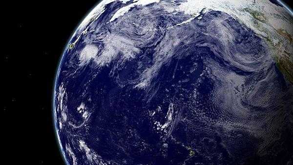 A combination of datasets from different satellites makes possible this beautiful &apos;Blue Marble&apos; view of the Pacific Ocean. The string of islands across the top are the Aleutian chain of Alaska; the Hawaiian islands appear along the bottom. Image courtesy of NASA/Goddard Space Flight Center Scientific Visualization Studio.