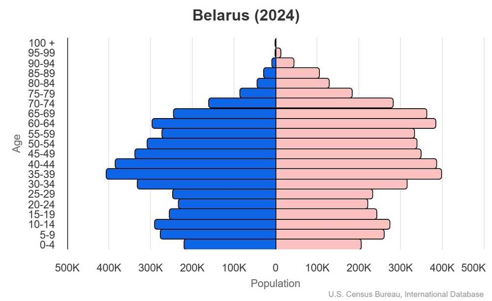 This is the population pyramid for Belarus. A population pyramid illustrates the age and sex structure of a country's population and may provide insights about political and social stability, as well as economic development. The population is distributed along the horizontal axis, with males shown on the left and females on the right. The male and female populations are broken down into 5-year age groups represented as horizontal bars along the vertical axis, with the youngest age groups at the bottom and the oldest at the top. The shape of the population pyramid gradually evolves over time based on fertility, mortality, and international migration trends. <br/><br/>For additional information, please see the entry for Population pyramid on the Definitions and Notes page.