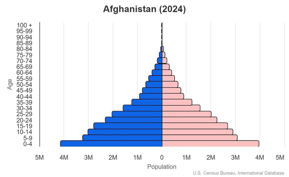 This is the population pyramid for Afghanistan. A population pyramid illustrates the age and sex structure of a country's population and may provide insights about political and social stability, as well as economic development. The population is distributed along the horizontal axis, with males shown on the left and females on the right. The male and female populations are broken down into 5-year age groups represented as horizontal bars along the vertical axis, with the youngest age groups at the bottom and the oldest at the top. The shape of the population pyramid gradually evolves over time based on fertility, mortality, and international migration trends. <br/><br/>For additional information, please see the entry for Population pyramid on the Definitions and Notes page.
