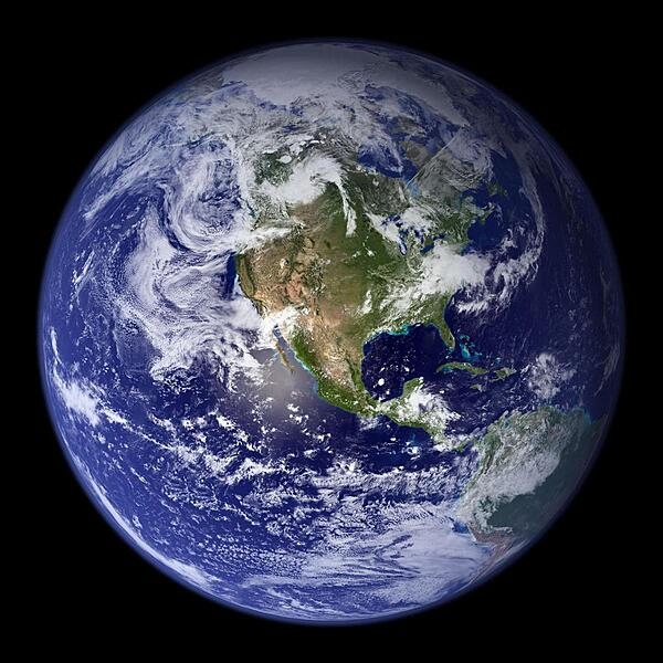 View of the Earth from space showing most of the Western Hemisphere including all of the North American continent and the northern portion of South America. Image courtesy of NASA.