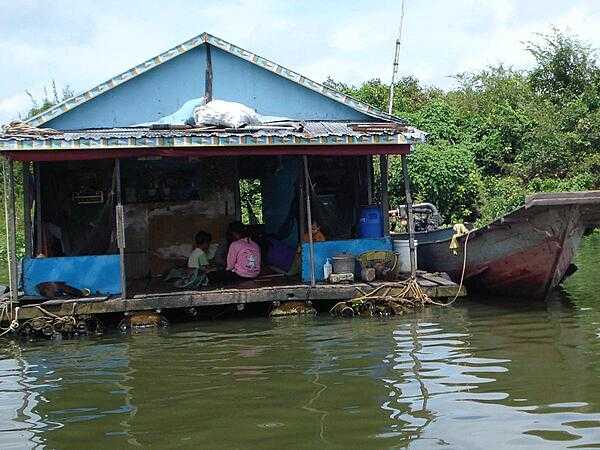 Typical floating house on Tonle Sap in Cambodia.