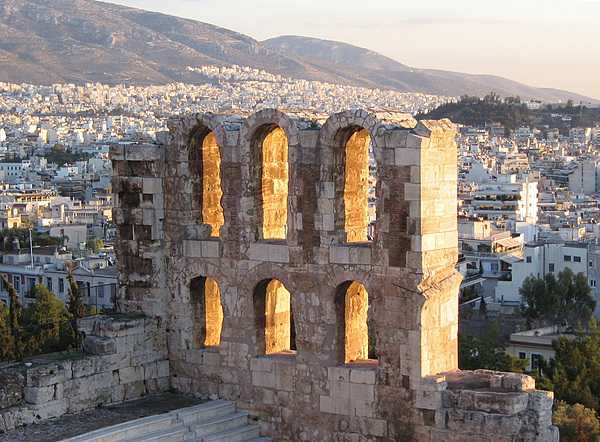 Arches forming part of the facade of the Odeon of Herodes Atticus (also called the Herodeion or Herodion), a stone Roman theater structure located on the southwest slope of the Acropolis of Athens. The building was completed in A.D. 161 and then renovated in the 20th century.