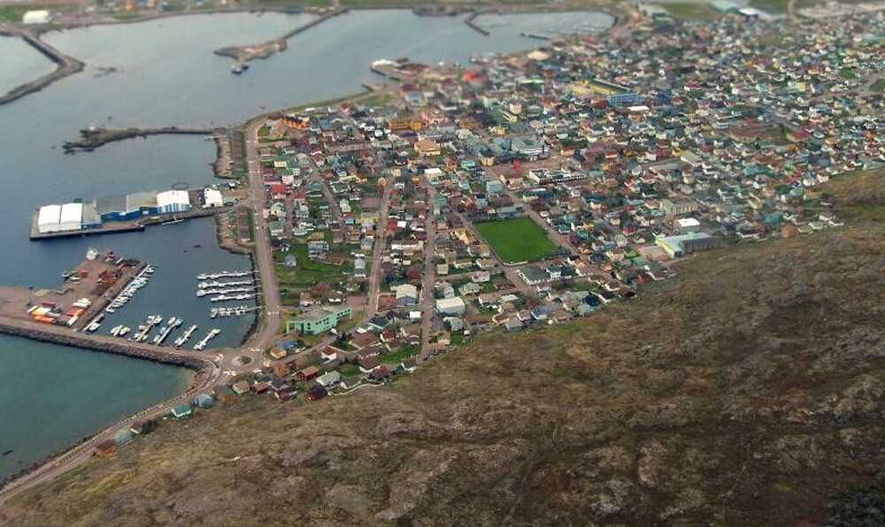 An aerial view of Saint-Pierre, the capital of the Saint Pierre and Miquelon islands, which are located in the North Atlantic Ocean south of Newfoundland, Canada. These islands, along with five smaller ones, have been a self-governing overseas collectivity of France since 2003.