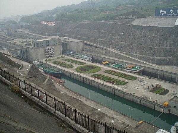 The five-stage locks at the Three Gorges Dam at Sandouping, China. The locks were constructed to increase river shipping by up to 10 times and cut transportation costs by one third.