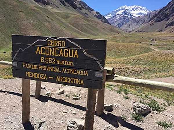 Mount Aconcagua, located in Argentina's Mendoza province, rises to a height of 6,962 m (22,838 ft). It is the tallest mountain in the Western Hemisphere and the tallest mountain outside of Asia. This photo was taken at an elevation of just under 3,000 m (9,843 ft) on a trail that leads to Confluencia, the first Aconcagua base camp.