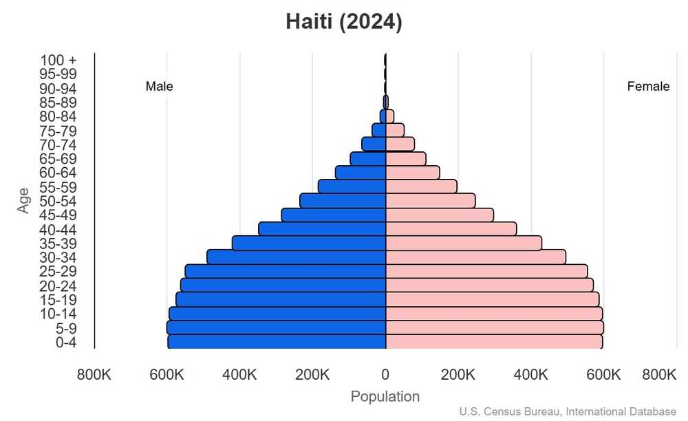 This is the population pyramid for Haiti. A population pyramid illustrates the age and sex structure of a country's population and may provide insights about political and social stability, as well as economic development. The population is distributed along the horizontal axis, with males shown on the left and females on the right. The male and female populations are broken down into 5-year age groups represented as horizontal bars along the vertical axis, with the youngest age groups at the bottom and the oldest at the top. The shape of the population pyramid gradually evolves over time based on fertility, mortality, and international migration trends. <br/><br/>For additional information, please see the entry for Population pyramid on the Definitions and Notes page.