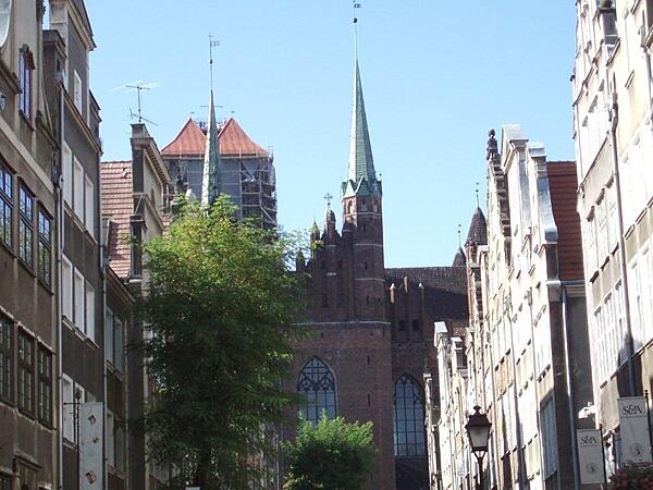 Saint Mary's Church in Gdansk as seen from Mariacka (Saint Mary's Gate).  The church, built between 1343 and 1502, is the largest brick church in the world and can hold 25,000 people.