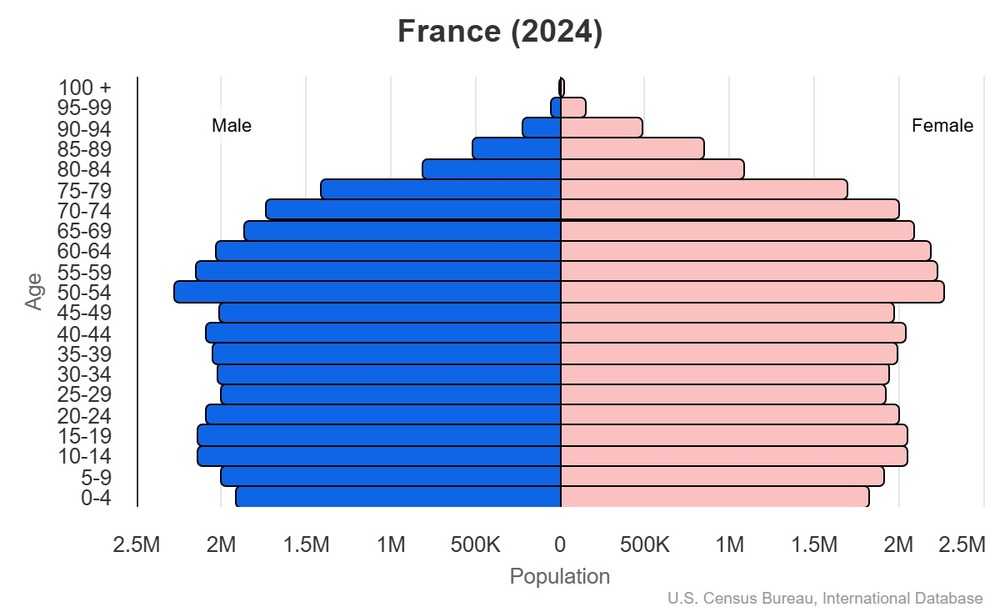 This is the population pyramid for France. A population pyramid illustrates the age and sex structure of a country's population and may provide insights about political and social stability, as well as economic development. The population is distributed along the horizontal axis, with males shown on the left and females on the right. The male and female populations are broken down into 5-year age groups represented as horizontal bars along the vertical axis, with the youngest age groups at the bottom and the oldest at the top. The shape of the population pyramid gradually evolves over time based on fertility, mortality, and international migration trends. <br/><br/>For additional information, please see the entry for Population pyramid on the Definitions and Notes page.