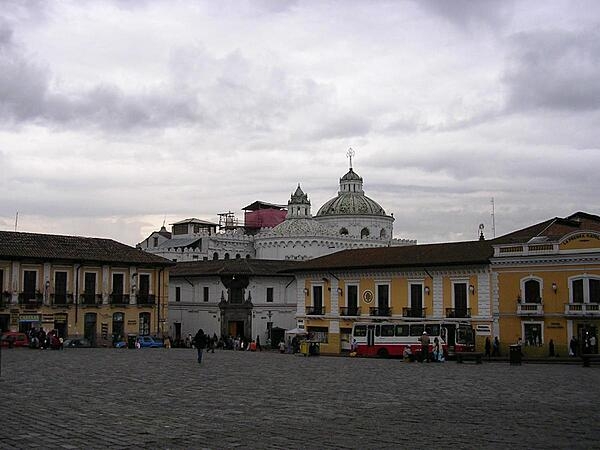 The Plaza de San Francisco, built atop an Incan town's market place, is one of the greatest squares in Quito, Ecuador. Bordered on three sides by two-story colonial mansions, the fourth side consists of the huge Monastery of San Francisco, the largest colonial building and oldest church in the city.