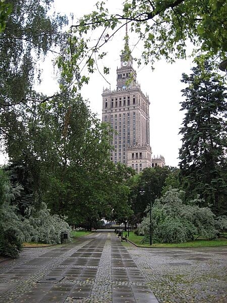 Another view of the Palace of Culture and Science, the tallest building in Poland with 42 stories. Its total height is 231 m (757 ft), which includes a 43 m spire. The building contains 3,288 rooms.