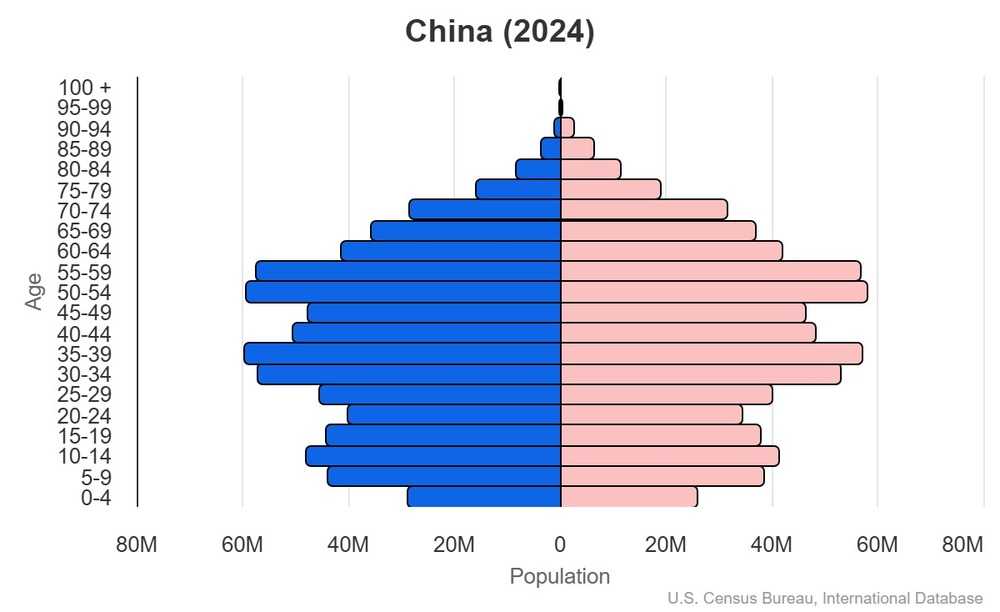 This is the population pyramid for China. A population pyramid illustrates the age and sex structure of a country's population and may provide insights about political and social stability, as well as economic development. The population is distributed along the horizontal axis, with males shown on the left and females on the right. The male and female populations are broken down into 5-year age groups represented as horizontal bars along the vertical axis, with the youngest age groups at the bottom and the oldest at the top. The shape of the population pyramid gradually evolves over time based on fertility, mortality, and international migration trends. <br/><br/>For additional information, please see the entry for Population pyramid on the Definitions and Notes page.