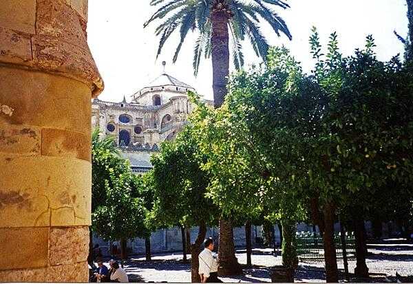 Courtyard of the Cathedral of the Assumption of the Virgin (Mezquita) in Cordoba. The cathedral was originally a church (constructed about A.D. 600) that was considerably expanded and converted to a mosque during the Muslim conquest (it became the second-largest mosque in the world). Following the recapture of the city in 1236, the building was reconsecrated as a Christian church and additional architectural alterations were added in subsequent centuries.