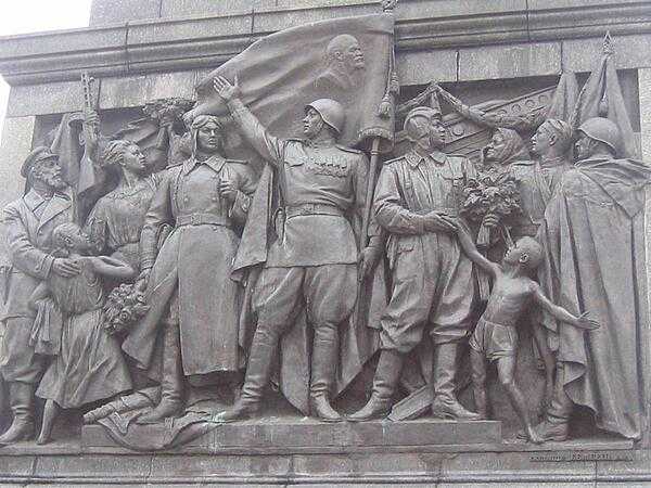 A panel on the World War II Monument in Victory Square in Minsk, Belarus. An eternal flame burns at the base of the memorial that was constructed in 1954 to commemorate the country's war dead.