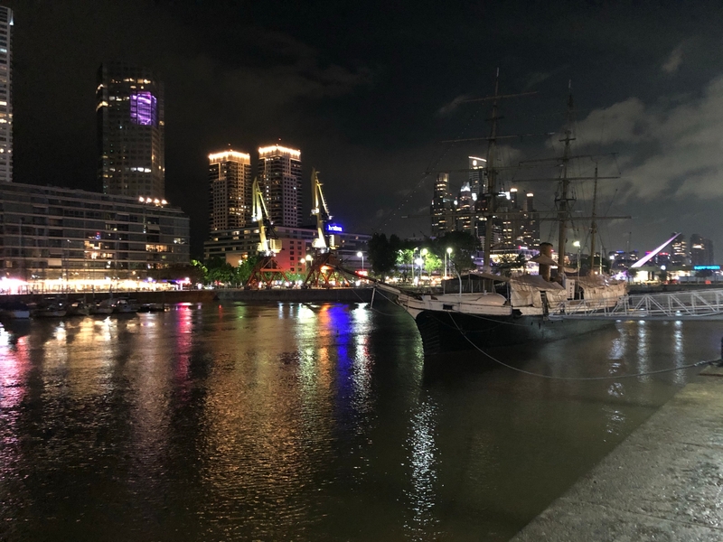 The Rio Darsena Sur is the historical location of Buenos Aires' protected harbor area known as Puerto Madero. Now revitalized, the old port is filled with hotels, shops, and restaurants. Also pictured here is the corvette ARA Uruguay, built in 1874, that once sailed with Argentina's navy and is now a floating museum.