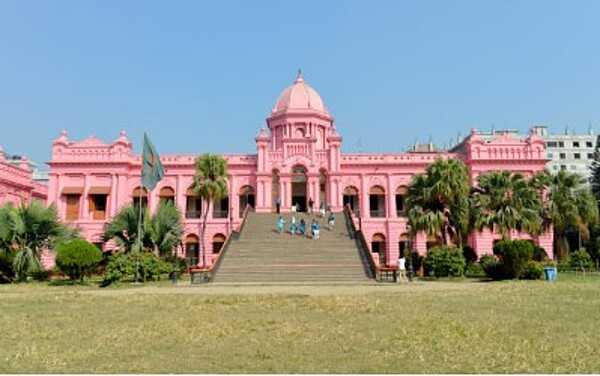 Ahsan Manzil, also known as the Pink Palace, was the official residential palace and seat of the Nawab of Dhaka. The building is situated at Kumartoli along the banks of the Buriganga River in Dhaka, Bangladesh. It was constructed between 1859 and 1872 in the Indo-Saracenic Revival architecture style, mixing European and Indo-Islamic elements. It has been a national museum since 1985.