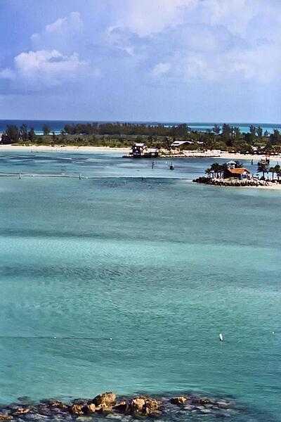 View over a lagoon on the resort island of Castaway Cay in the Bahamas.