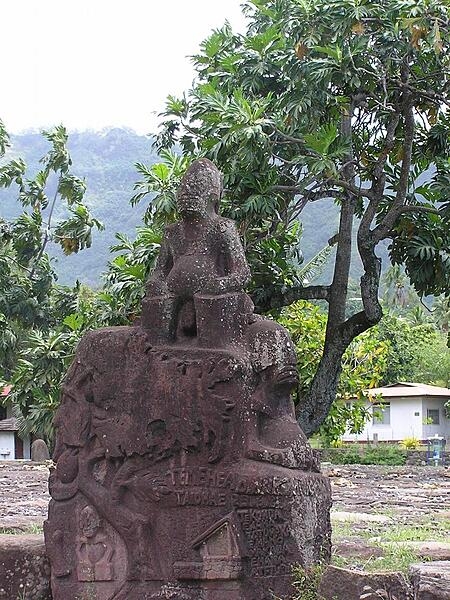 Elaborate stone tiki on Nuku Hiva Island in the Iles Marquesas archipelago in French Polynesia.