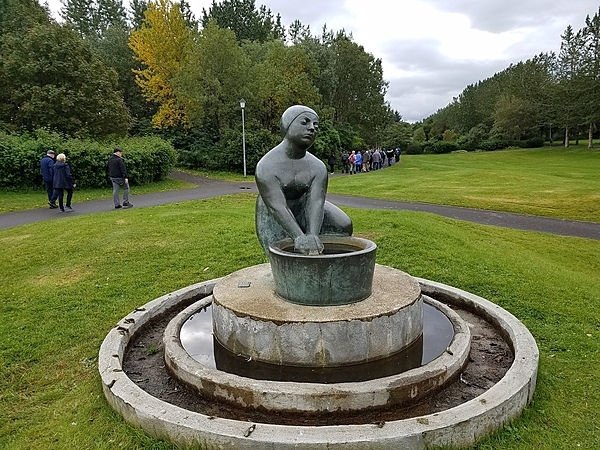 The Washerwoman statue in the Botanic Gardens in Reykjavik, Iceland, honors women who used to use the island's geothermal springs to clean clothes.