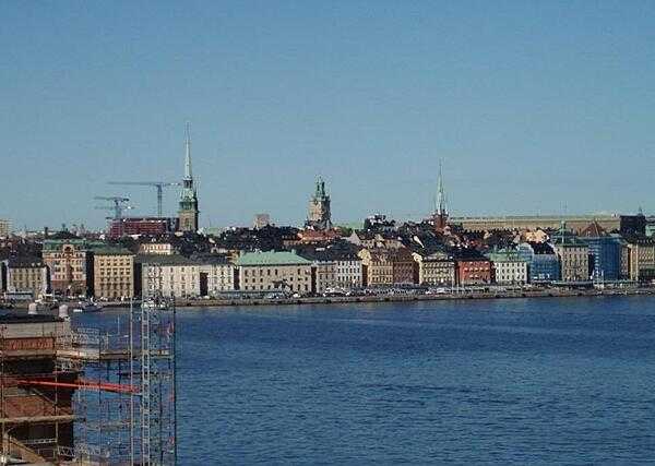 A view of the Stockholm harbor shoreline.