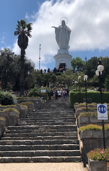 A view from the bottom of the stairs leading up to the Immaculate Conception Shrine on San Cristobal Hill in Santiago, Chile.