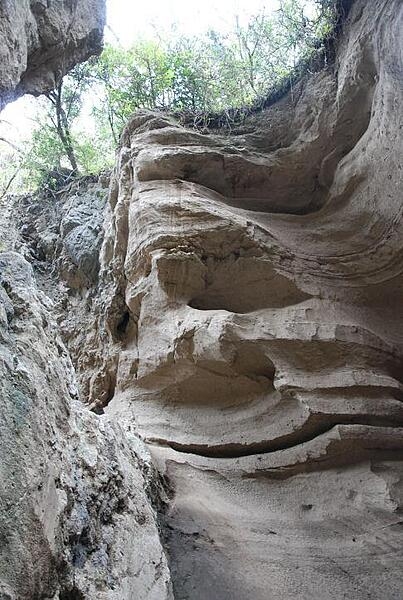 Layered rocks along the trail in Hell's Gate Gorge, Hell's Gate National Park, Kenya.