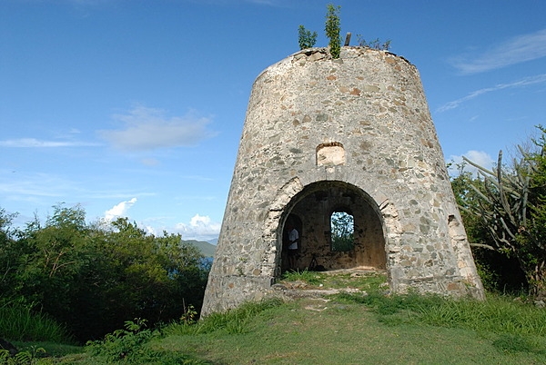 Peace Hill sugar mill ruin. The plantation that stood here was actually called Denis Bay. Established in 1718, it was one of only five plantations on St. John that employed wind power for the production of sugar cane. Photo courtesy of the US National Park Service/Susanna Pershern.