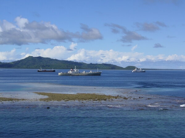 A view of the lagoon of Pohnpei Island, Micronesia, with the outer reef in the foreground.