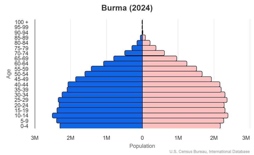 This is the population pyramid for Burma. A population pyramid illustrates the age and sex structure of a country's population and may provide insights about political and social stability, as well as economic development. The population is distributed along the horizontal axis, with males shown on the left and females on the right. The male and female populations are broken down into 5-year age groups represented as horizontal bars along the vertical axis, with the youngest age groups at the bottom and the oldest at the top. The shape of the population pyramid gradually evolves over time based on fertility, mortality, and international migration trends. <br/><br/>For additional information, please see the entry for Population pyramid on the Definitions and Notes page.
