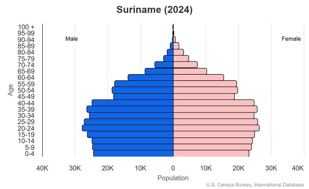 This is the population pyramid for Suriname. A population pyramid illustrates the age and sex structure of a country's population and may provide insights about political and social stability, as well as economic development. The population is distributed along the horizontal axis, with males shown on the left and females on the right. The male and female populations are broken down into 5-year age groups represented as horizontal bars along the vertical axis, with the youngest age groups at the bottom and the oldest at the top. The shape of the population pyramid gradually evolves over time based on fertility, mortality, and international migration trends. <br/><br/>For additional information, please see the entry for Population pyramid on the Definitions and Notes page.