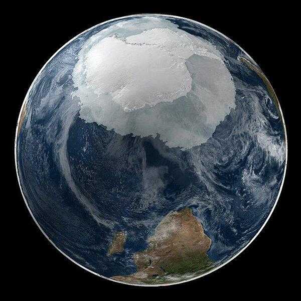 A global view of the Antarctic on 21 September 2005. This image presents the entire Antarctic region, most of the Southern Ocean, large portions of the southern Atlantic and Pacific Oceans, as well as the island of Madagascar and southern Africa. Image courtesy of NASA.