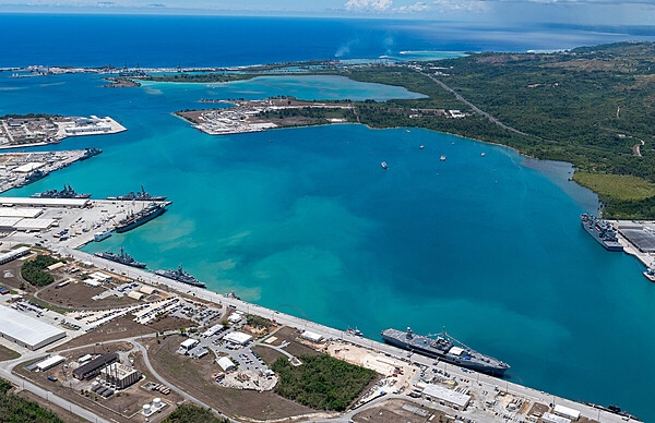 An aerial view of US Naval Base Guam, part of Apra Harbor. The US territory of Guam hosts both the naval base and Andersen Air Force Base. Photo courtesy of the US Navy.