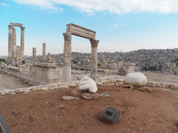 The Amman Citadel, located in the heart of Amman, Jordan, on one of city's seven hills. Pictured here is part of the Roman-era hand of Hercules, all that remains of a massive statue that once stood 13 m (43 ft) tall at the temple honoring him.  An inscription dates the temple’s construction to the term of the Roman Governor Geminius Marcianus (A.D. 161-166).