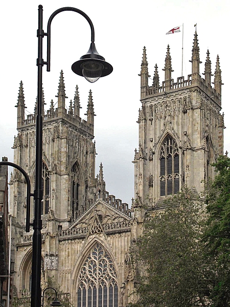 A view of the towers on the western front of York Minster. Construction on this Gothic cathedral, one of the largest in northern Europe, began in 1220; it was not completed until 1472.