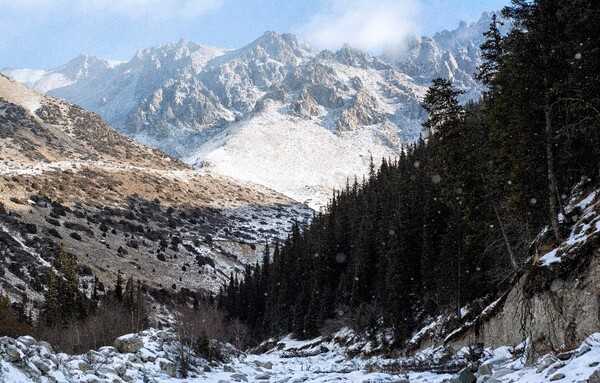 Ala Archa National Park is located in the Tian Shan mountains of Kyrgyzstan, approximately 40 km south of the capital city of Bishkek. Ala archa, or striped juniper in Kyrgz, refers to the juniper forests that characterize the landscape.  The park, about 200 sq kms, encompasses more than 20 glaciers and 50 mountain peaks. Wildlife in Ala Archa National Park includes mountain goats, deer, marmots, and the extremely rare snow leopard.