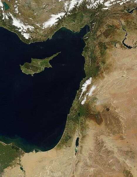 The Levant, the eastern coast of the Mediterranean Sea, is vividly displayed on this satellite image. Cyprus's distinctive shape points to the Gulf of Iskenderun in southern Turkey. Other Levant countries in a clockwise direction are Syria, Lebanon, Israel, and Egypt. Snow appears clearly in the mountains of Turkey (top) and Lebanon (center) and in thin strips in between in the highlands of Syria. Photo courtesy of NASA.