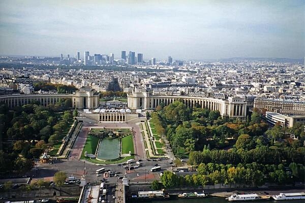 View of the Palais de Chaillot as seen from the Eiffel Tower in Paris, France. The two curved buildings making up the Palais house a number of museums, including the National Museum of the Navy, the Museum of Man (ethnology), and the City of Architecture and Heritage.