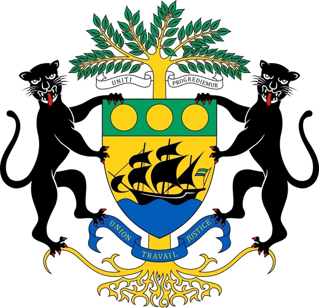 On Gabon’s coat of arms, panthers representing vigilance and courage support a shield with a ship and an okoume tree, which is a symbol of the timber trade. The ribbon below the shield has the national motto in French, "Union, Travail, Justice" ("Union, Work, Justice"); the ribbon above the shield has the Latin phrase "Uniti Progrediemur" ("We shall go forward united")