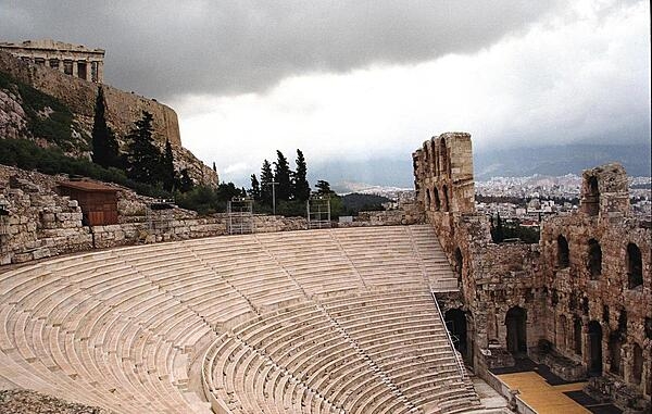 The Odeon of Herodes Atticus in Athens, Greece, lies on the south slope of the Acropolis. Built in A.D. 161, the structure still serves as a venue for concerts; it has a seating capacity of 5,000.